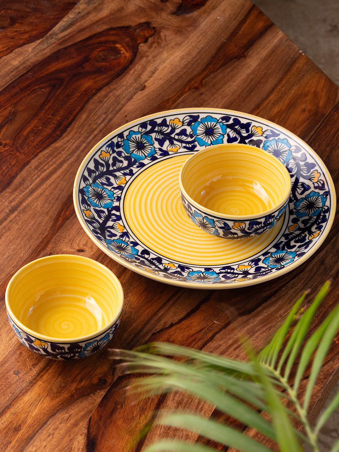ExclusiveLane Navy Blue  Yellow 3 Pieces Floral Printed Ceramic Glossy Dinner Set