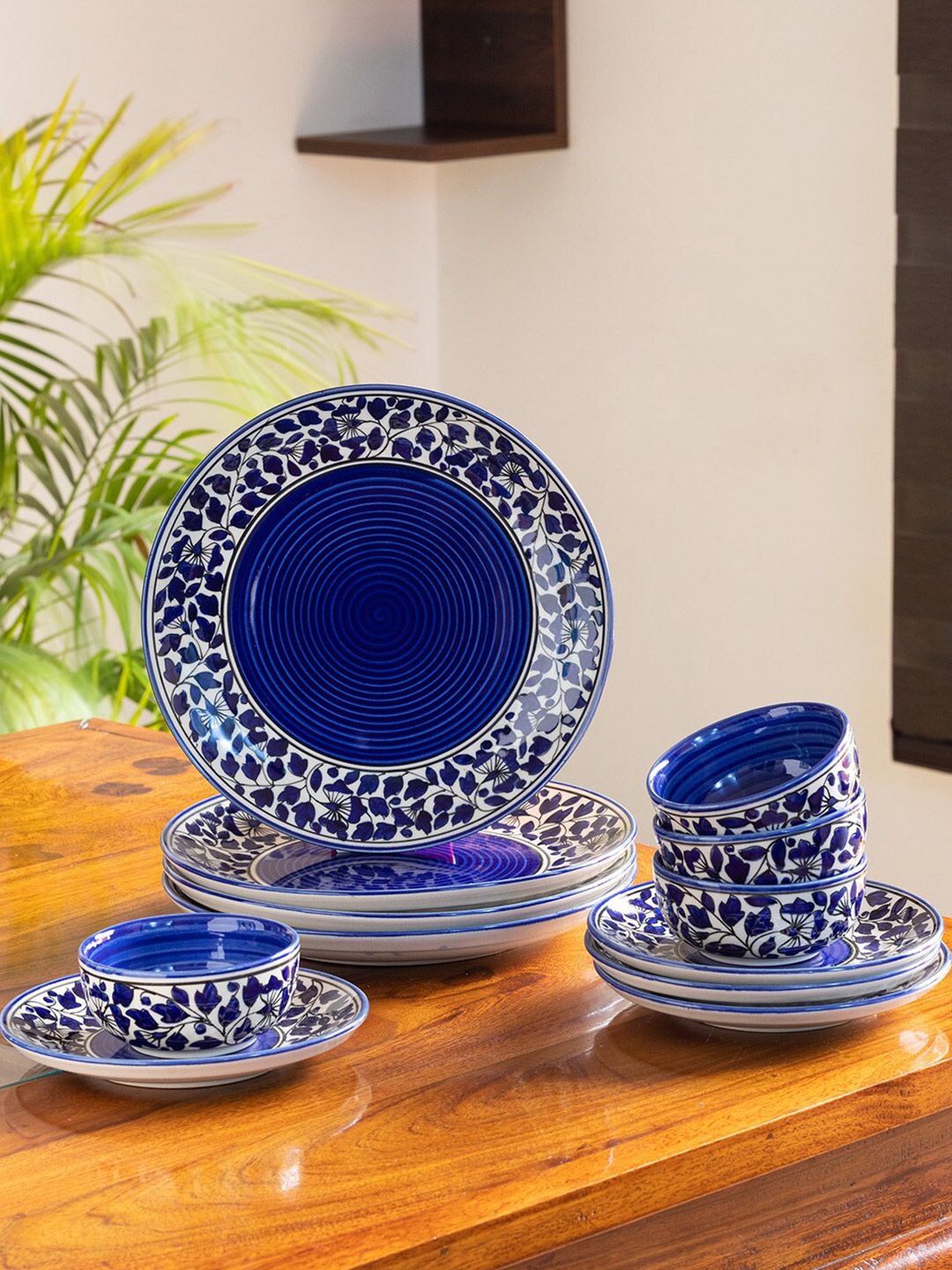 ExclusiveLane Navy Blue & White 12 Pieces Floral Printed Ceramic Glossy Dinner Set Price in India