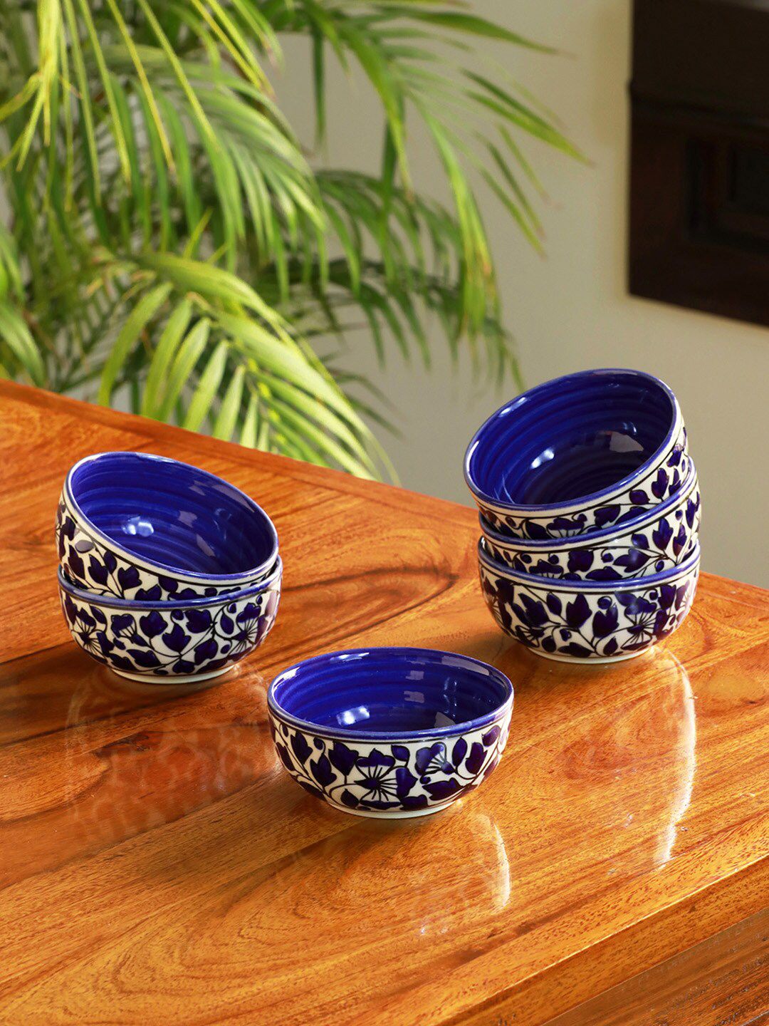 ExclusiveLane Navy Blue & White 6 Pieces Floral Printed Ceramic Glossy Bowls Price in India