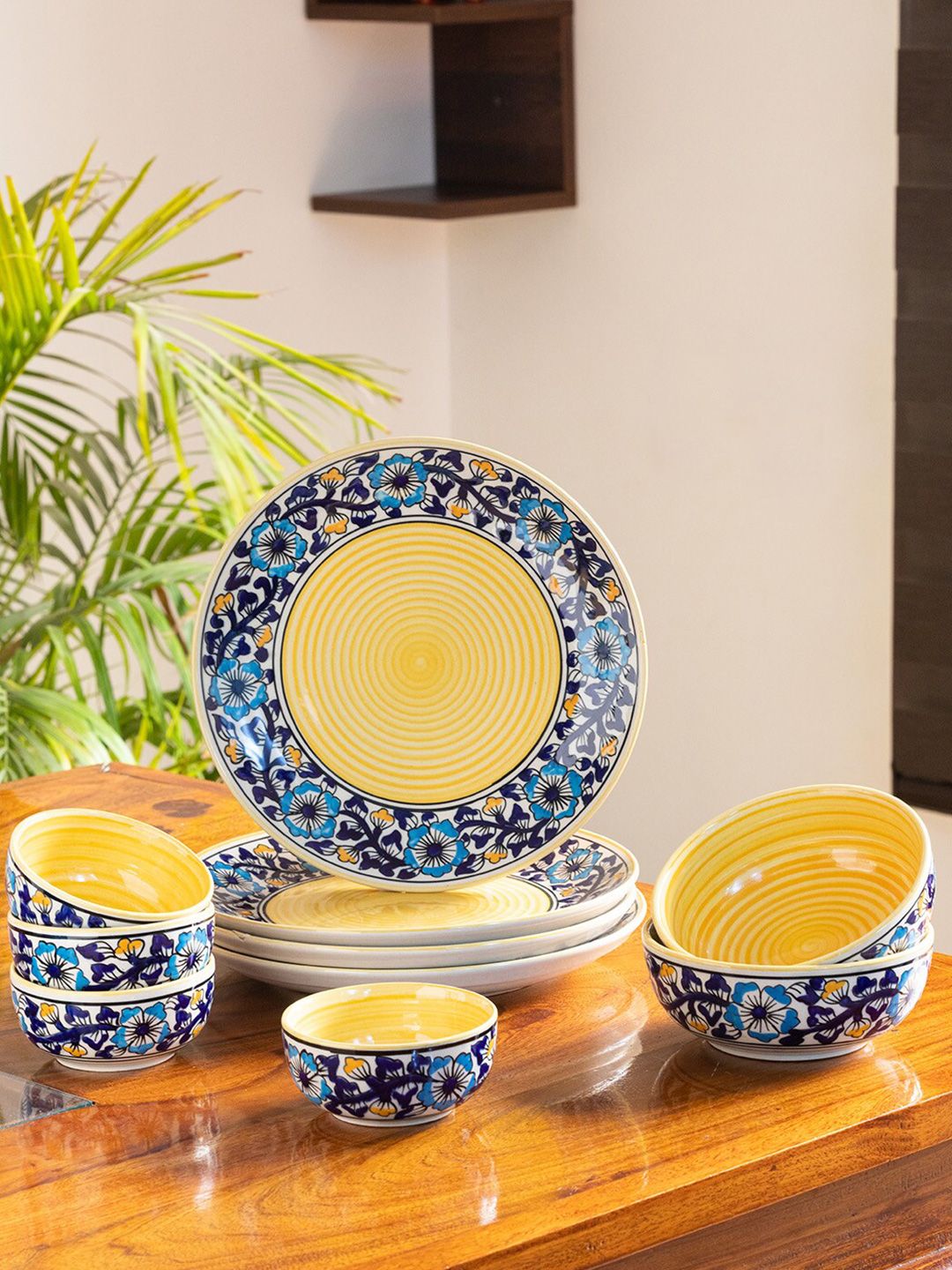 ExclusiveLane Navy Blue & Yellow 10 Pieces Floral Printed Ceramic Glossy Dinner Set Price in India