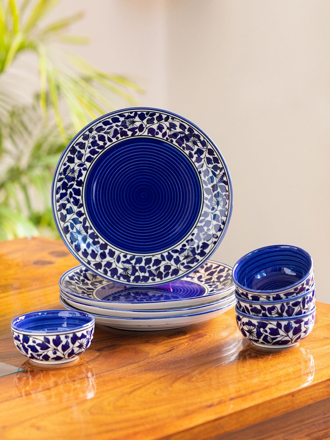 ExclusiveLane Navy Blue & White 8 Pieces Floral Printed Ceramic Glossy Dinner Set Price in India
