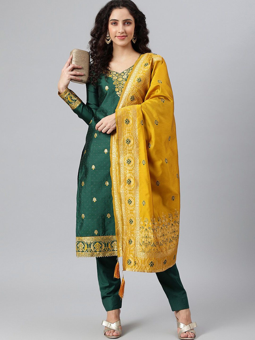 Lilots Green & Gold-Toned Unstitched Dress Material Price in India