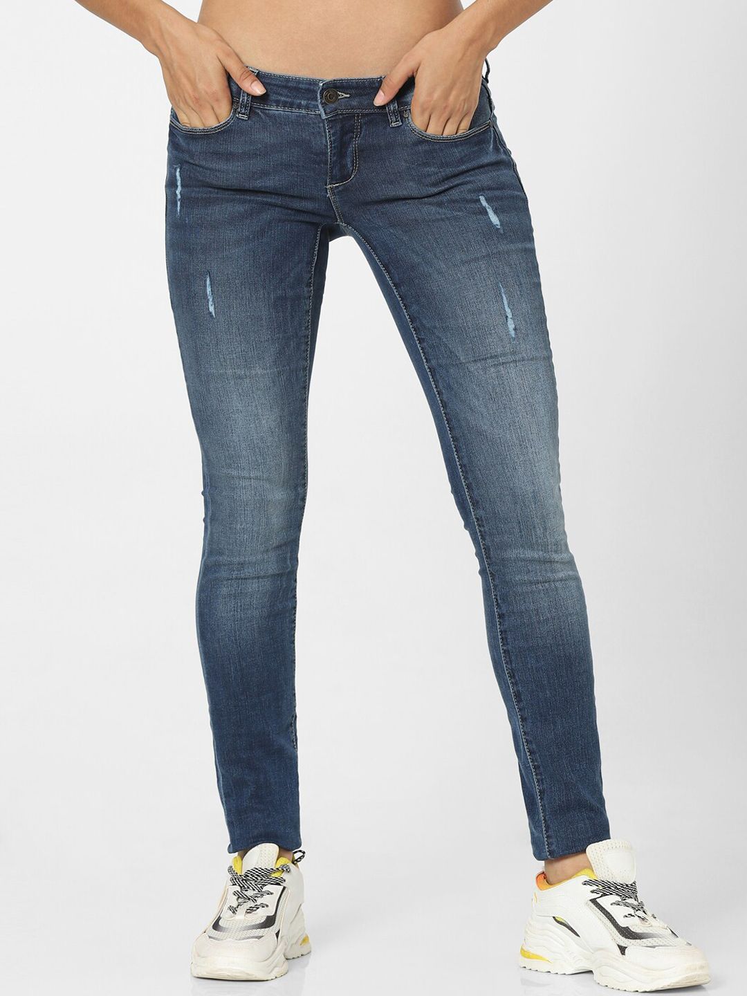 ONLY Women Blue Skinny Fit Low-Rise Low Distress Light Fade Jeans Price in India