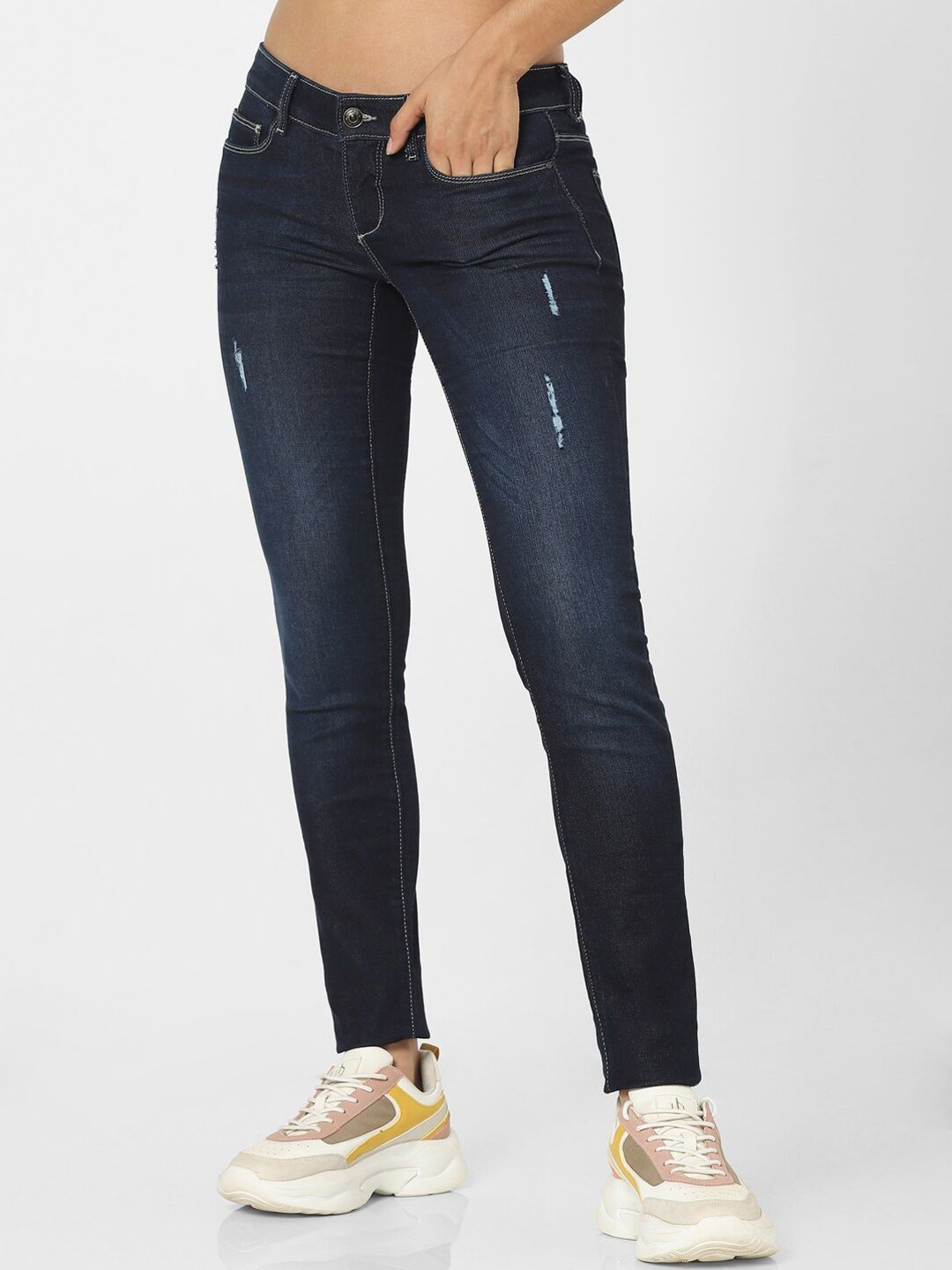 ONLY Women Blue Skinny Fit Low-Rise Low Distress Light Fade Jeans Price in India