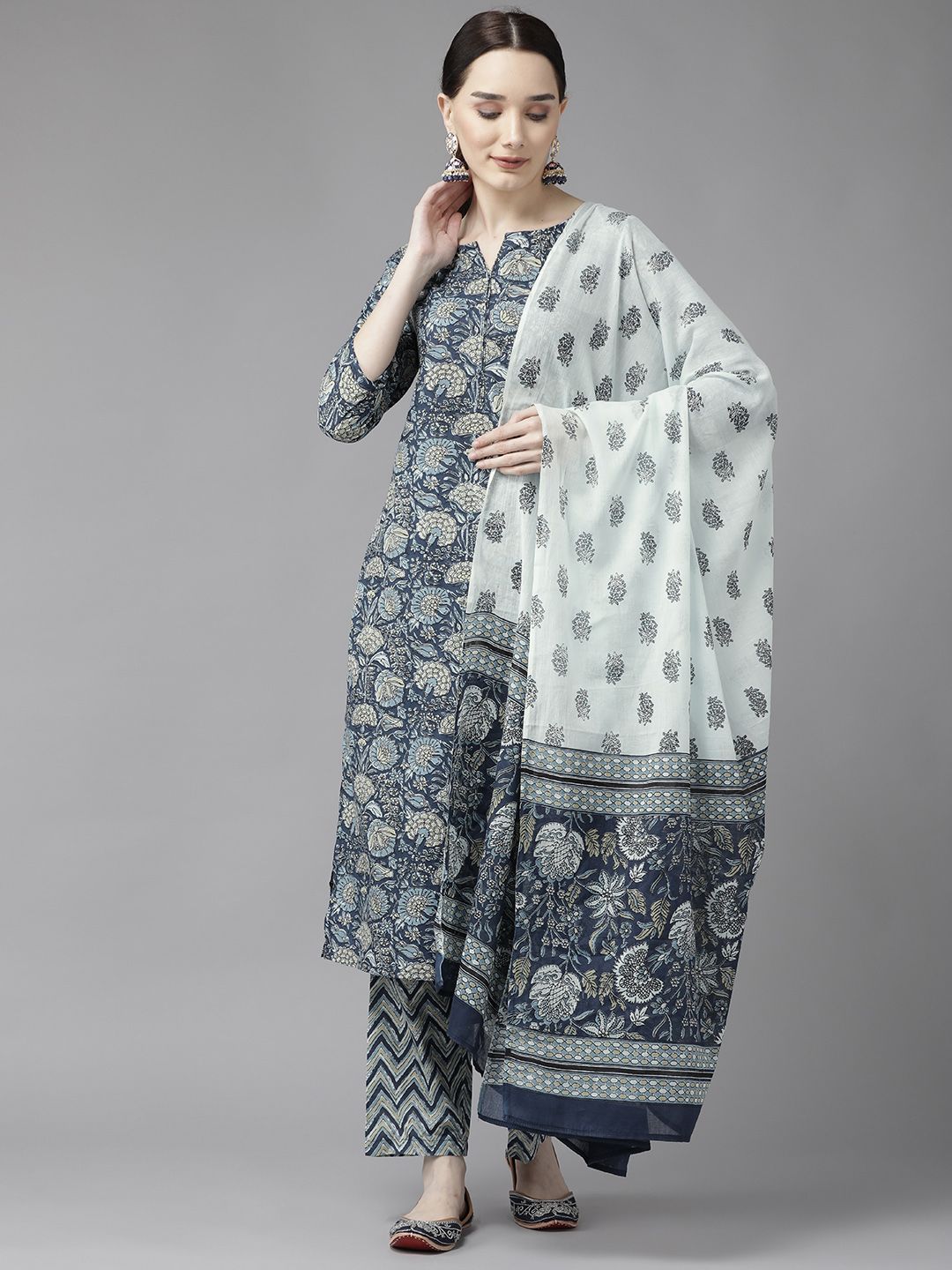 Yufta Women Blue & Off-White Floral Print Pure Cotton Kurta with Trousers & Dupatta Price in India