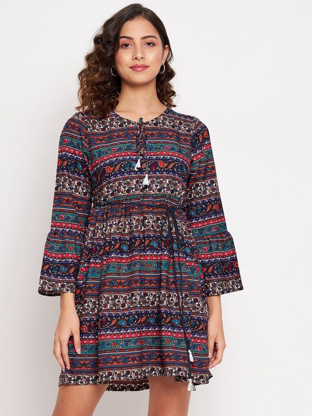 JHANKHI Multicoloured Tie-Up Neck Fit and Flare Boho Dress Price in India