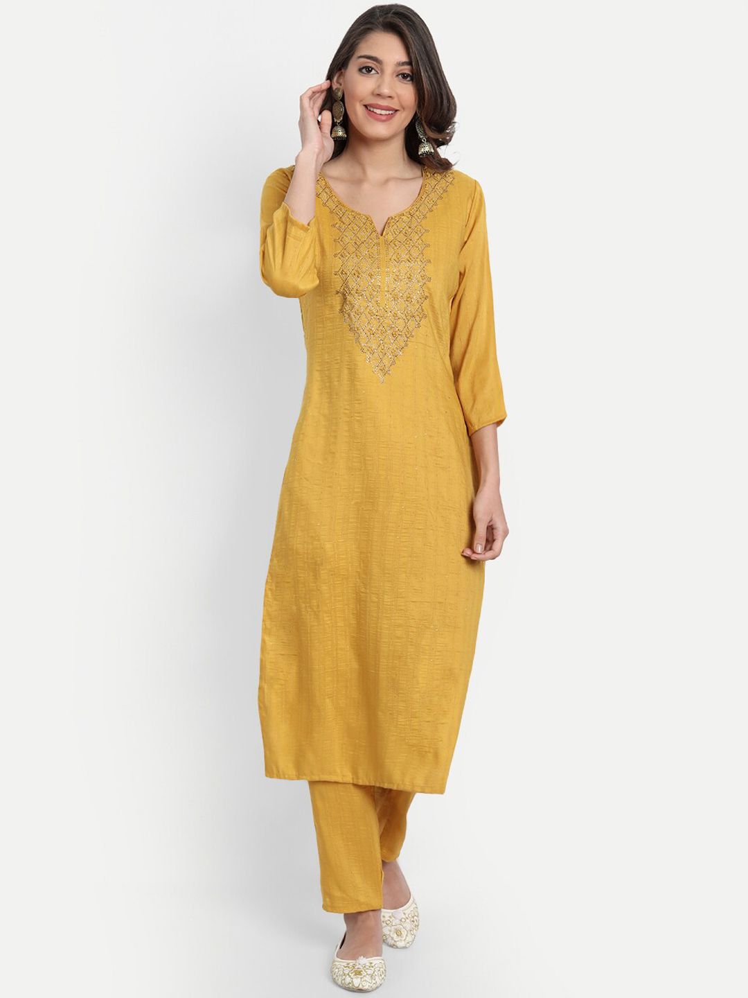 GUNVANTI FAB Women Yellow Beads and Stones Pure Cotton Kurta with Trousers & With Dupatta Price in India