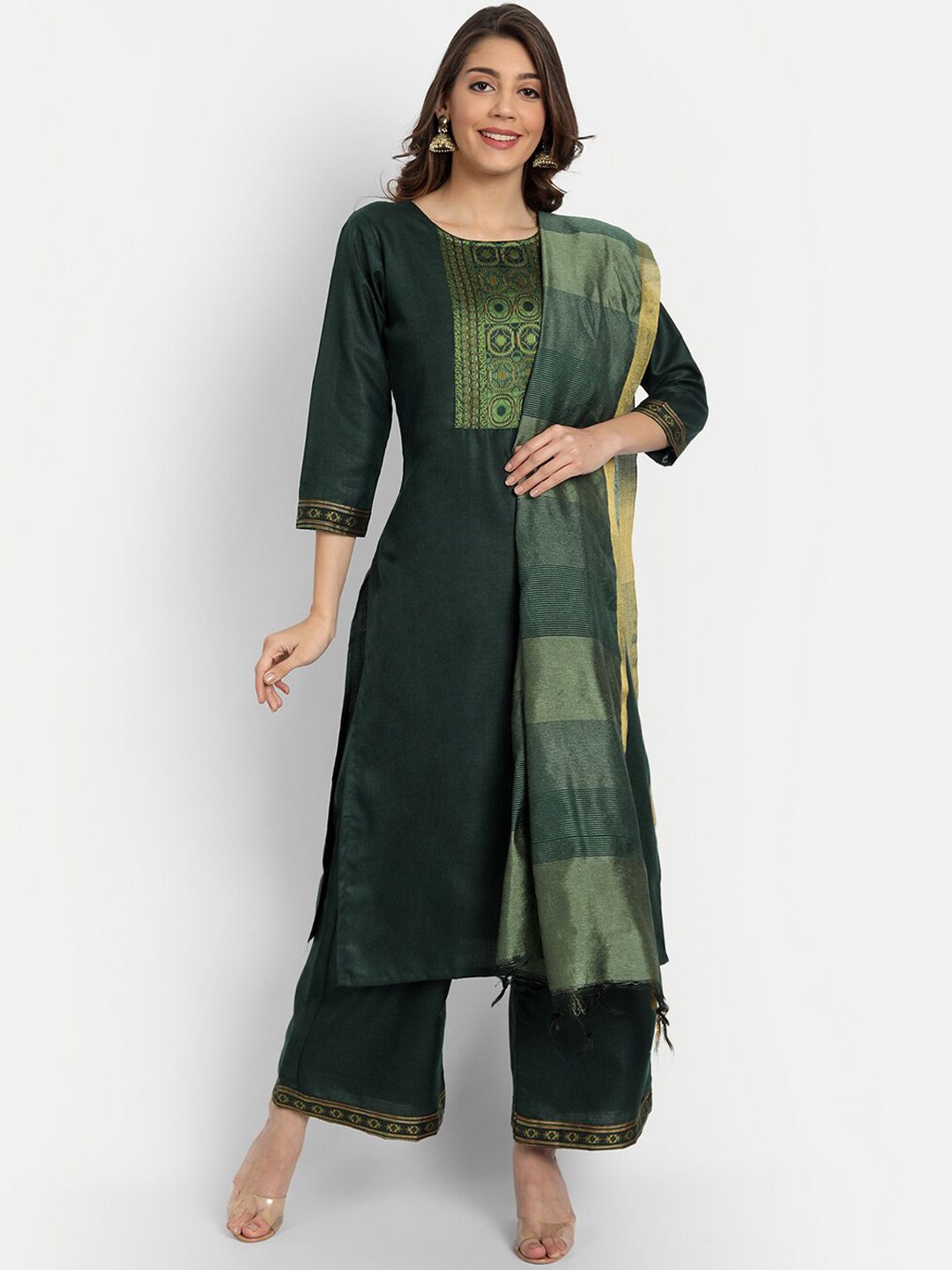 GUNVANTI FAB Women Green Yoke Design Thread Work Kurti with Palazzos & With Dupatta