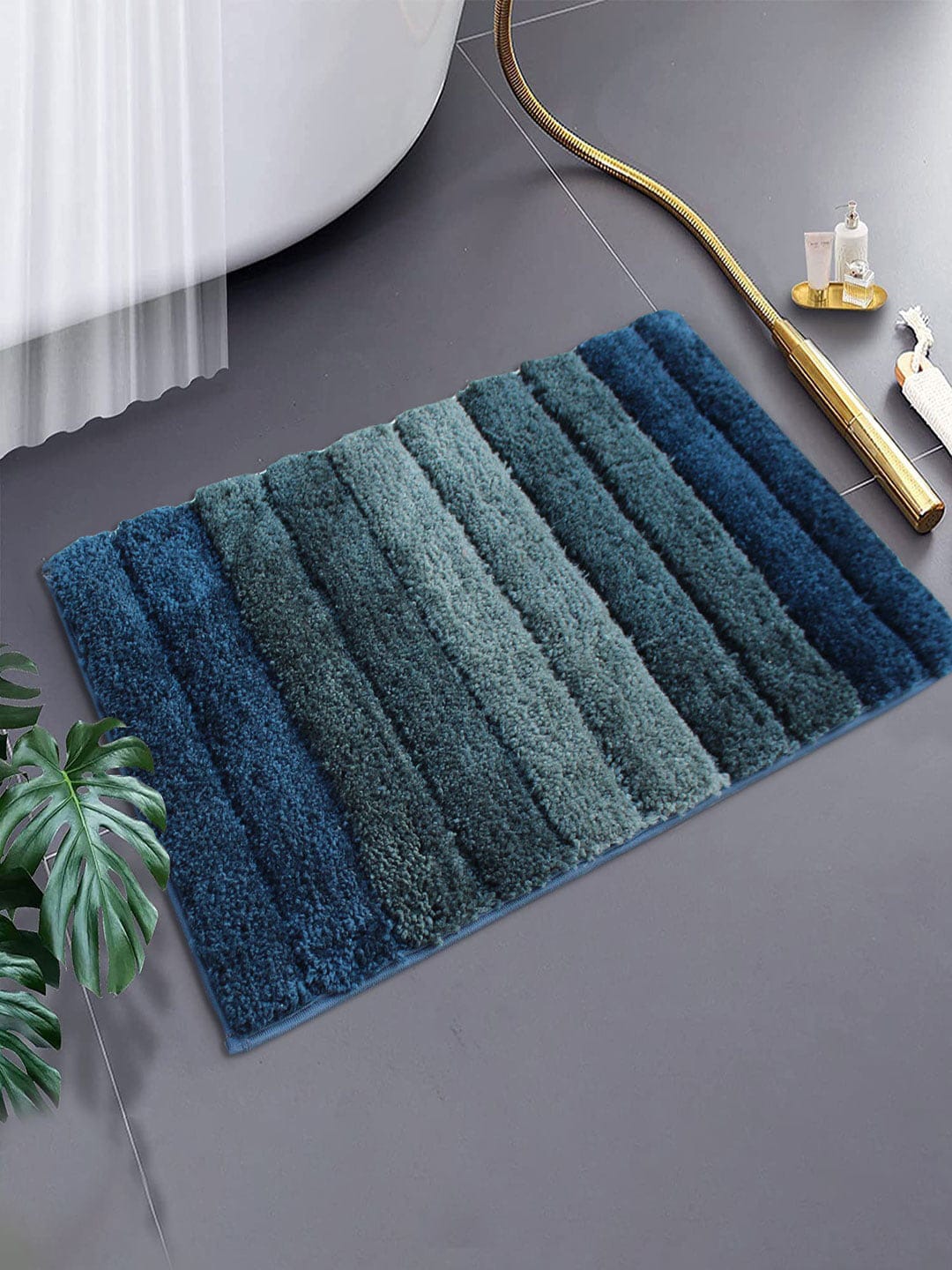 LUXEHOME INTERNATIONAL Teal Green Striped Anti-Skid 1700GSM Doormats Price in India