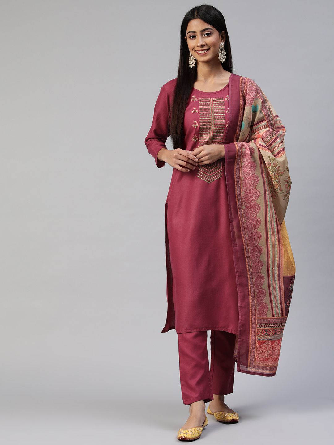 SheWill Magenta Embroidered Unstitched Dress Material Price in India