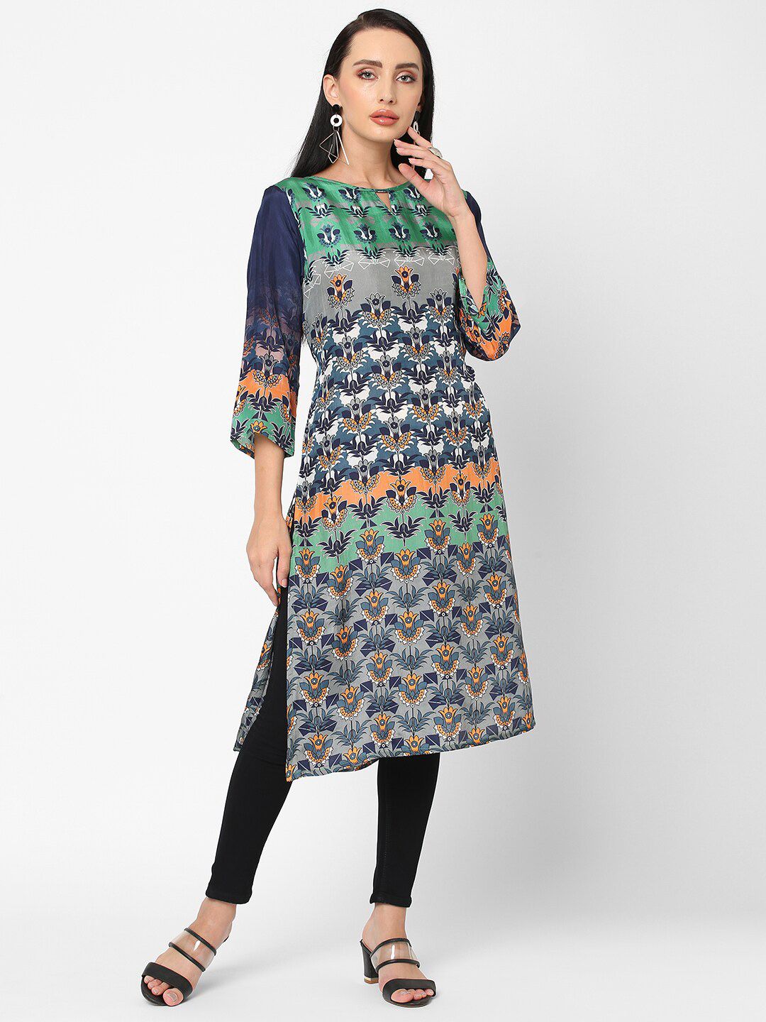 Cloth Haus India Women Green & Blue Ethnic Motifs Printed Kurta Price in India