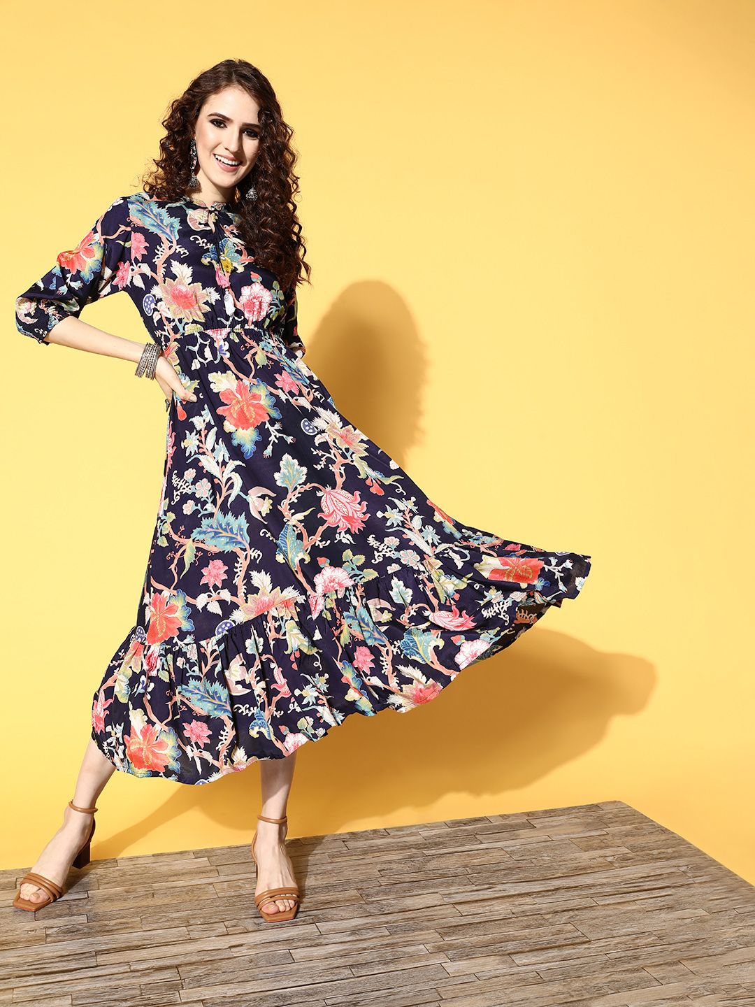 ZOLA Women Deep Navy Blue Floral Volume Play Dress Price in India