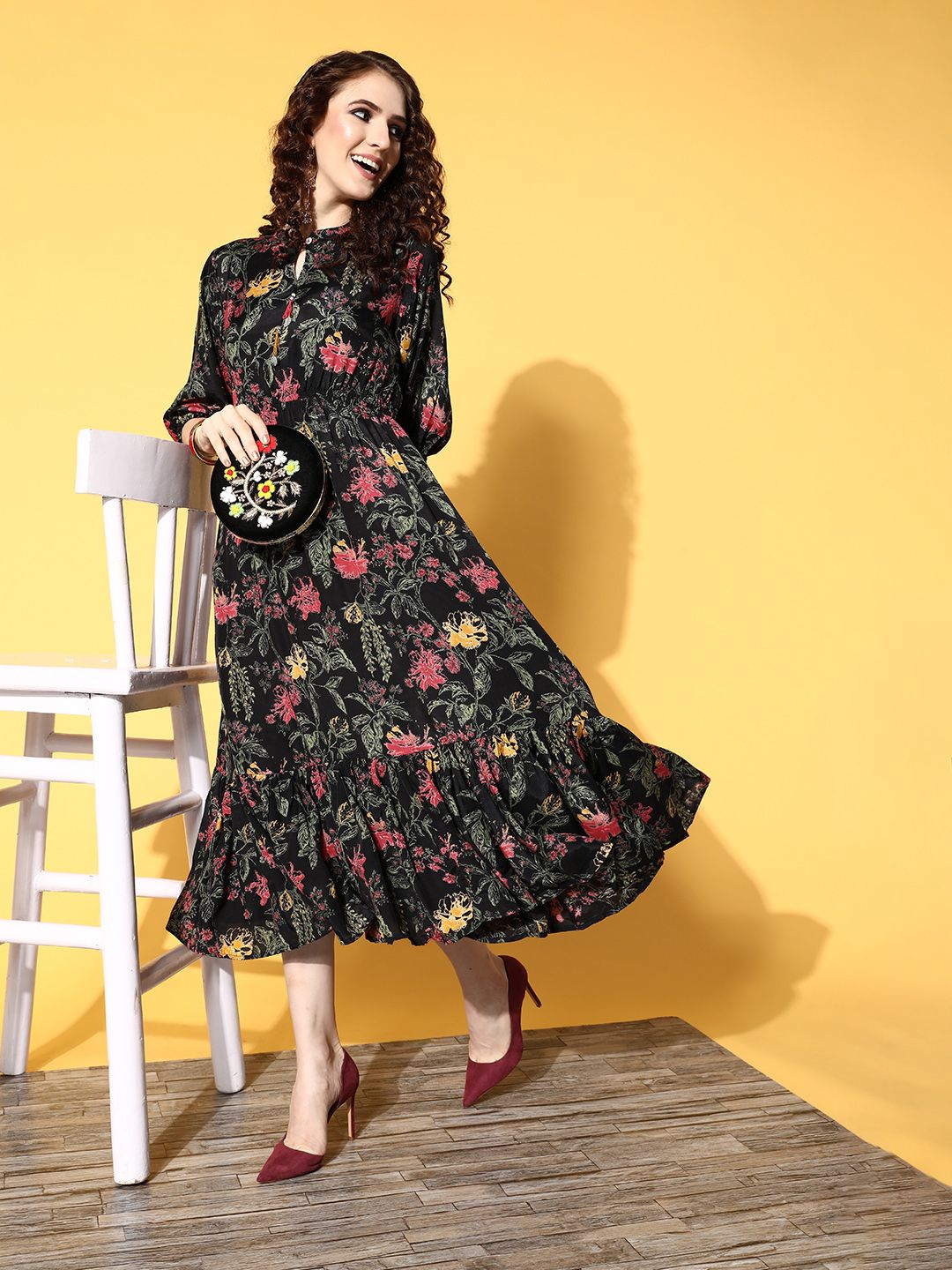 ZOLA Women Black Floral Volume Play Dress Price in India