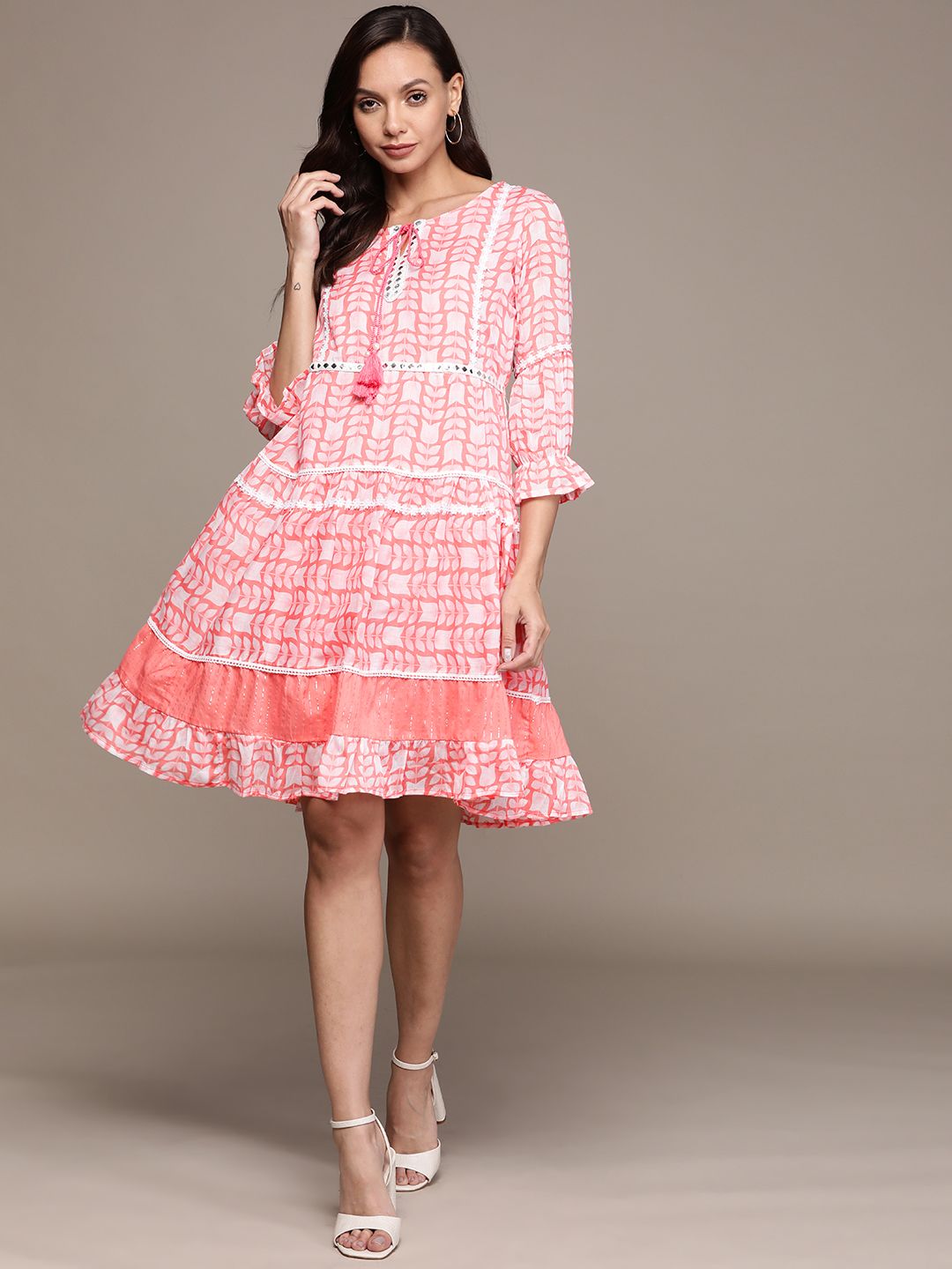 Ishin Coral Pink & White Ethnic Motifs Printed Embellished Tie-Up Neck Cotton A-Line Dress Price in India