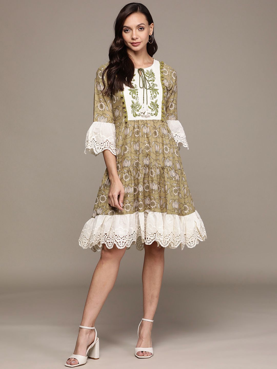 Ishin Green & Off White Ethnic Motifs Embroidered Tie-Up Neck A-Line Dress Price in India
