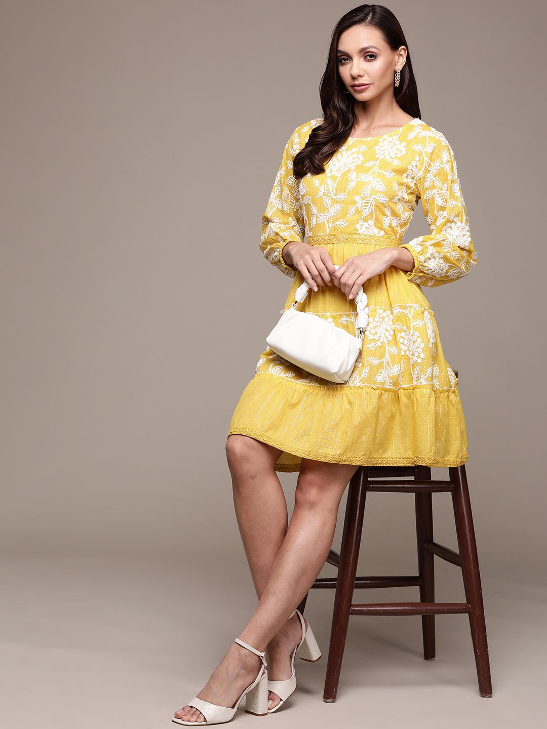 Ishin Mustard Yellow & White Floral Embroidered Cotton A-Line Dress Price in India