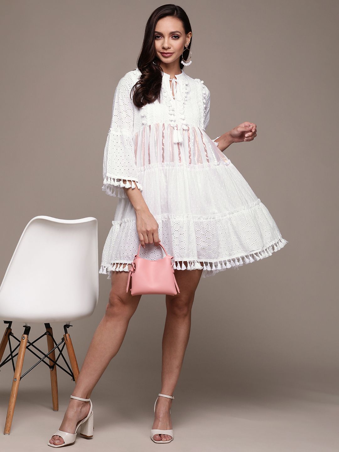 Ishin White Schiffli Embroidered Cotton A-Line Dress Price in India