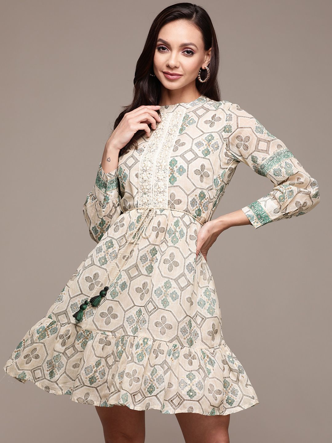 Ishin Beige & Green Ethnic Motifs Embroidered Embellished Lace Inserts Cotton A-Line Dress Price in India