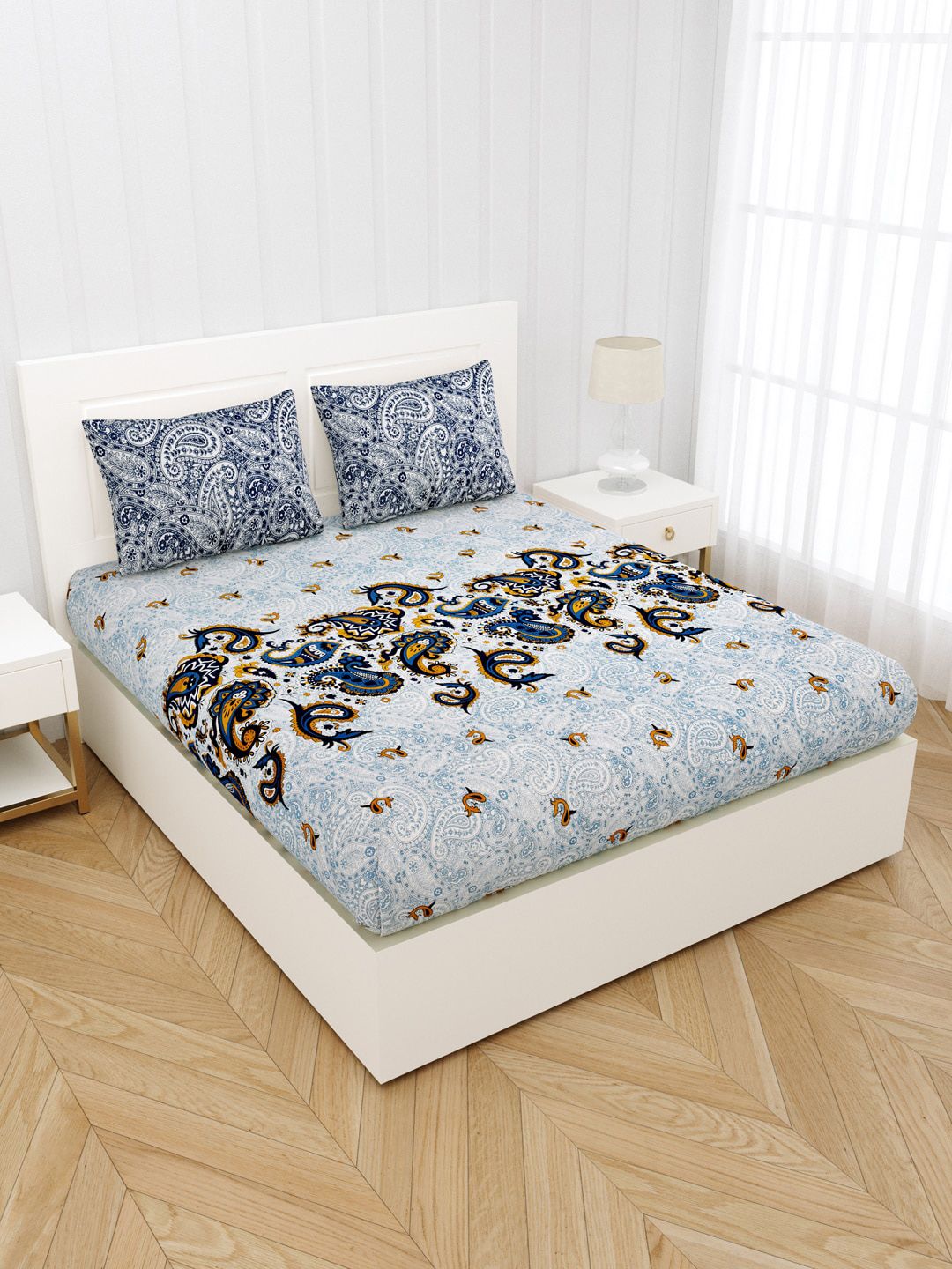 JAIPUR FABRIC Blue & White Ethnic Motifs King Bedsheet with 2 Pillow Covers Price in India