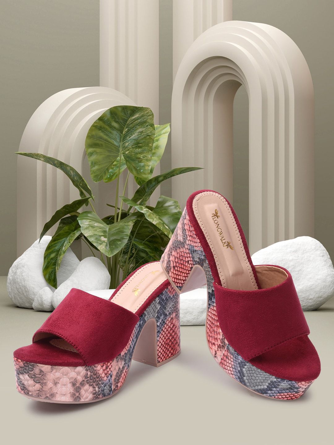 Longwalk Red Printed Suede Wedge Pumps with Bows Price in India