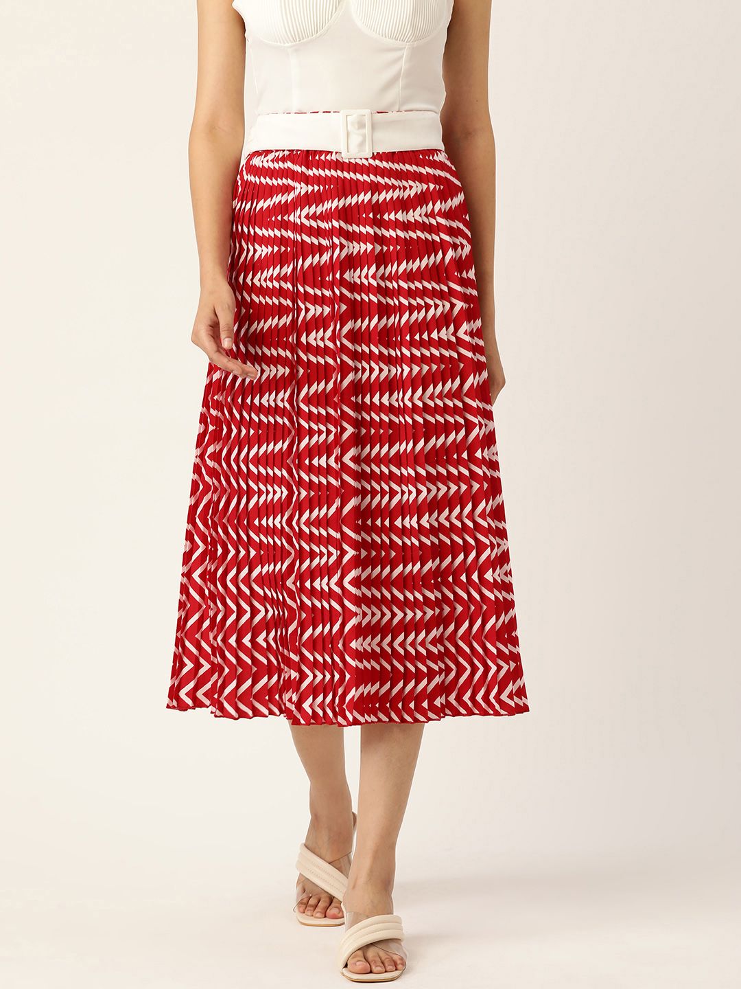 Antheaa Women Red & White Printed Pleated A-Line Midi Skirt Price in India