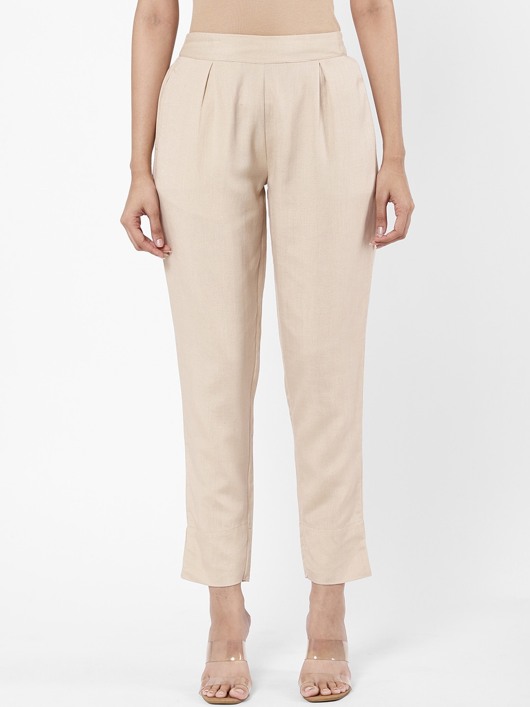 R&B Women Beige Relaxed Tapered Fit Pleated Trousers Price in India