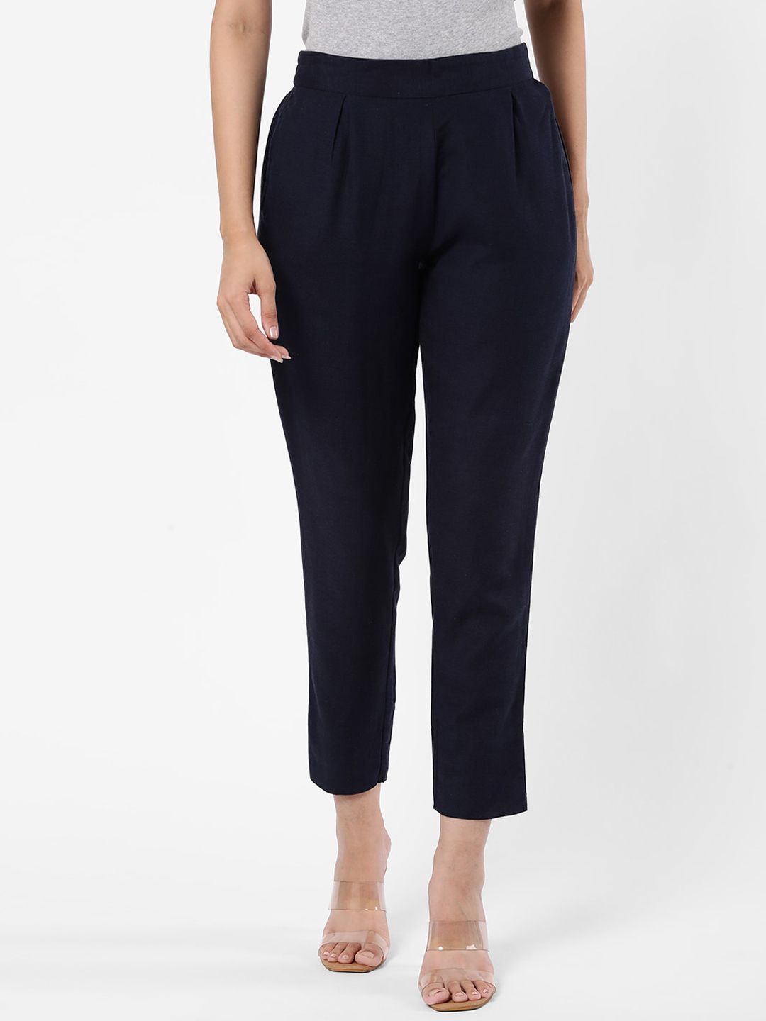 R&B Women Blue Relaxed Tapered Fit Pleated Trousers Price in India