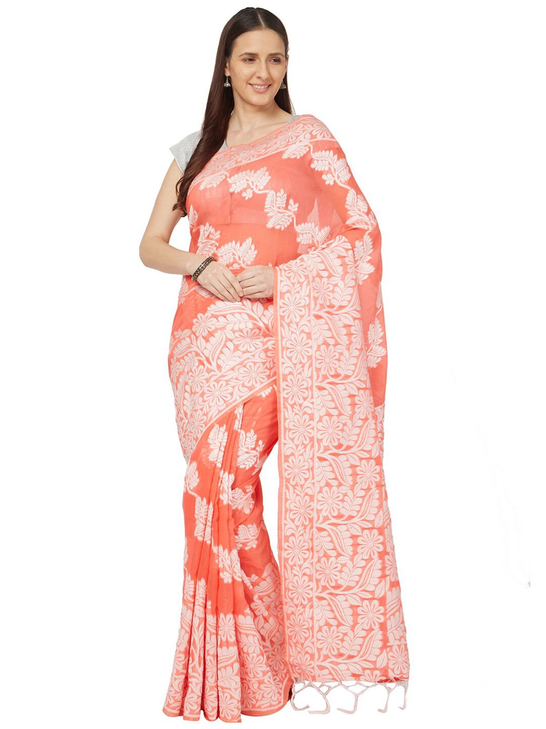 Varkala Silk Sarees Orange & White Floral Jamdani Saree Price in India