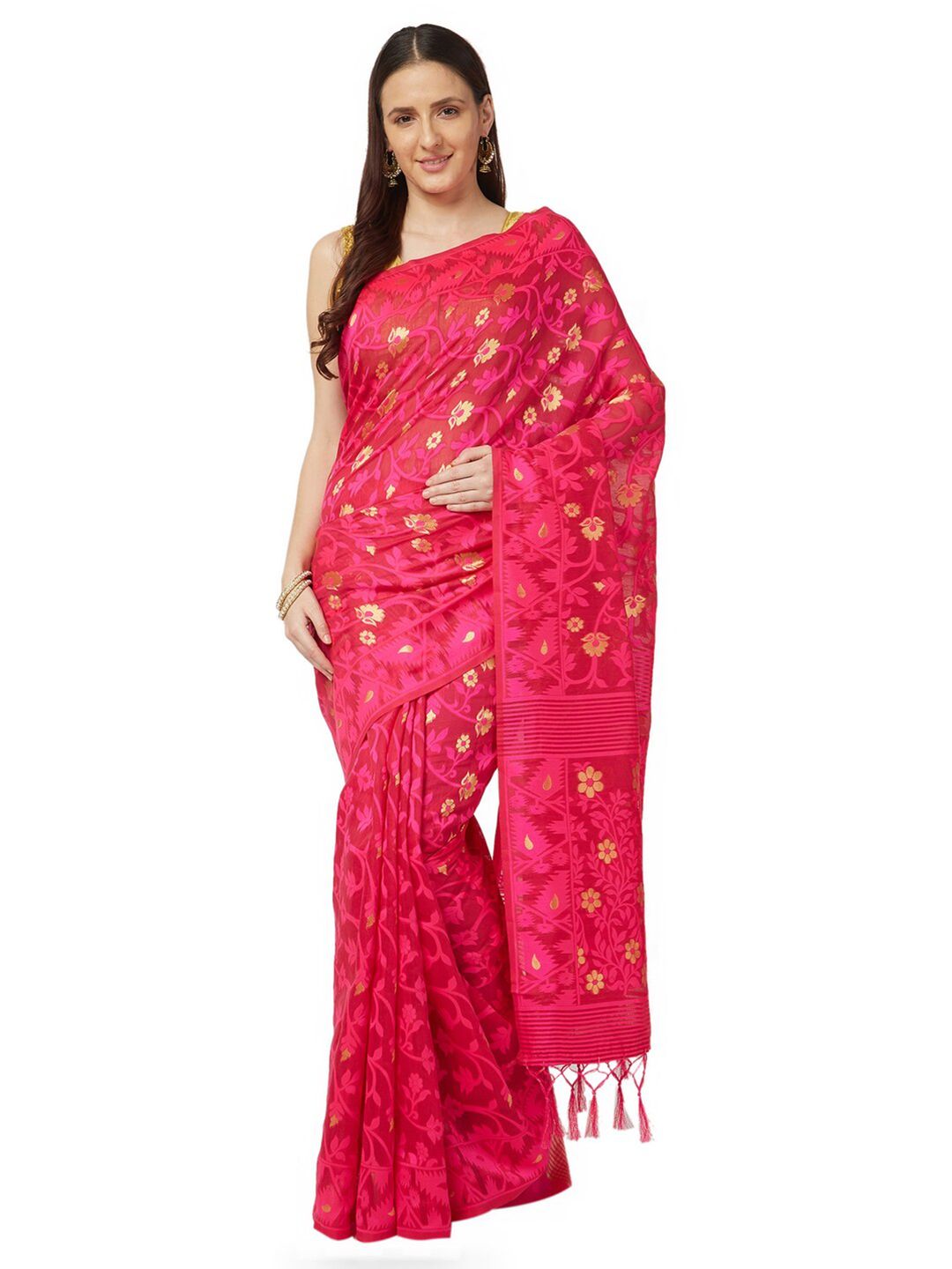 Varkala Silk Sarees Pink & Gold-Toned Floral Jamdani Saree Price in India