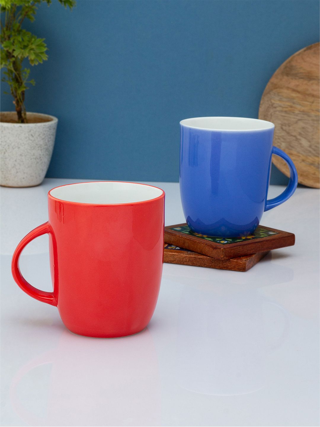 CLAY CRAFT Red & Blue Solid Ceramic Glossy Mugs Set of Cups and Mugs Price in India