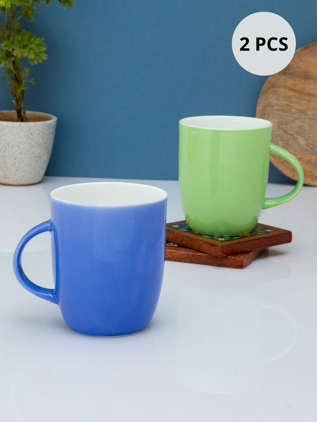 CLAY CRAFT Blue & Green Solid Ceramic Glossy Mugs Set of Cups and Mugs Price in India