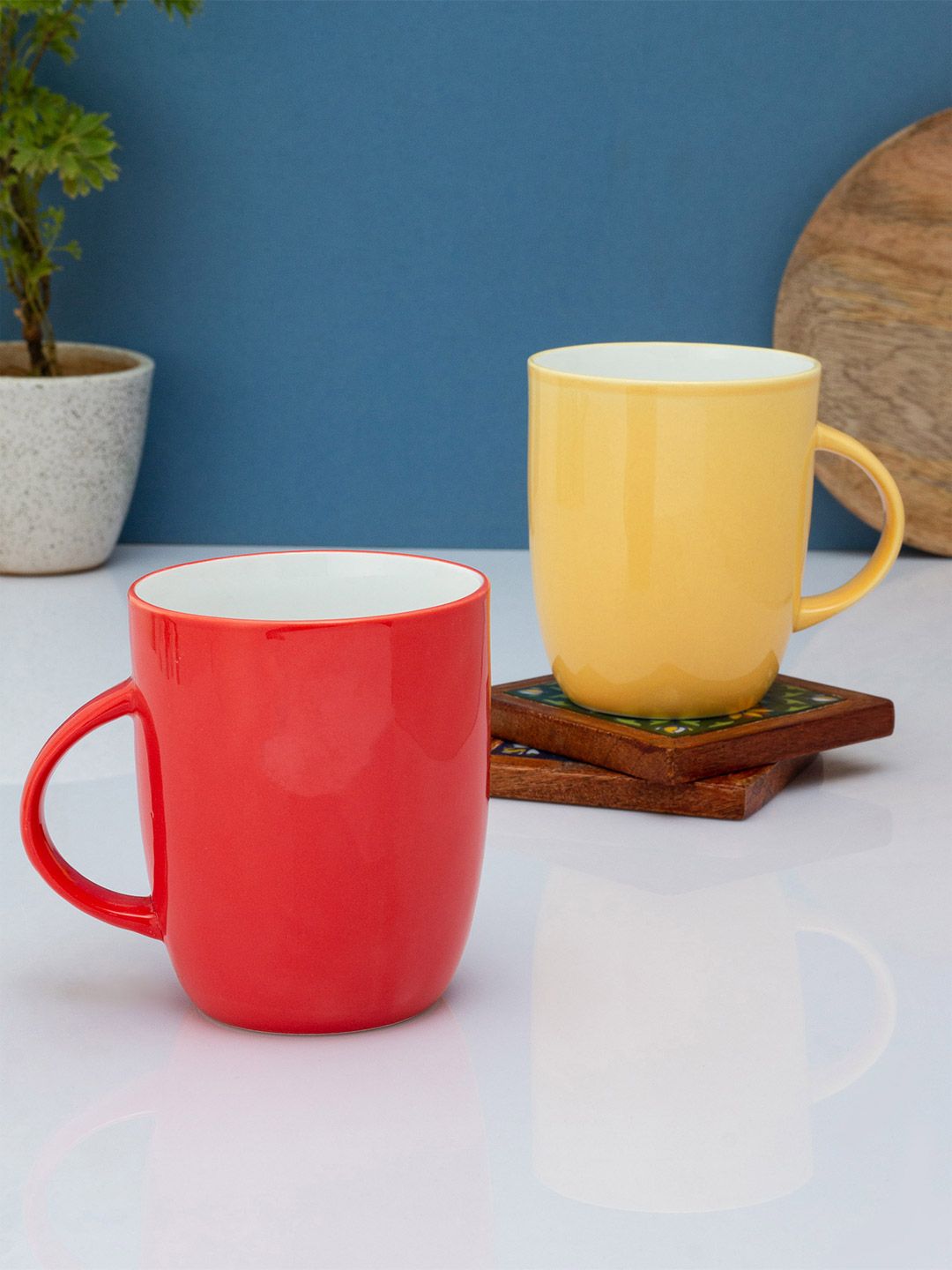 CLAY CRAFT Red & Yellow Solid Ceramic Glossy Mugs Set of Cups and Mugs Price in India
