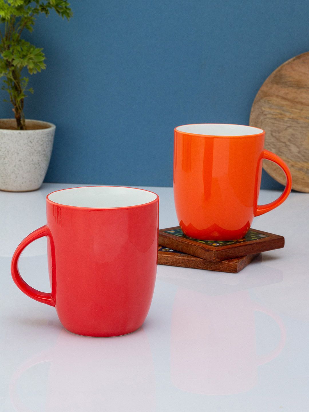 CLAY CRAFT Orange & Red Solid Ceramic Glossy Mugs Set of Cups and Mugs Price in India