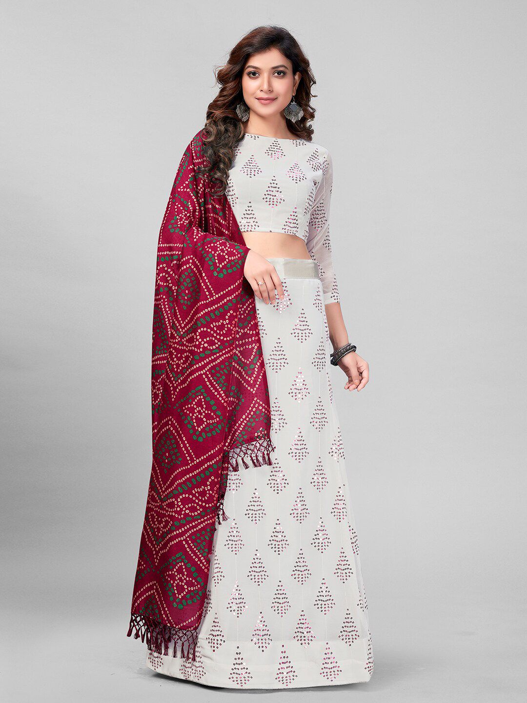 Mitera White & Maroon Embroidered Sequinned Semi-Stitched Lehenga & Unstitched Blouse With Dupatta Price in India