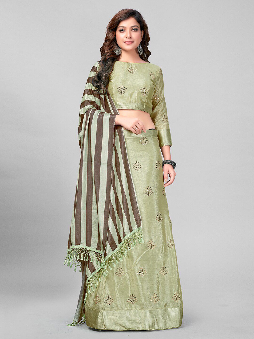 Mitera Olive Green & Brown Embroidered Sequinned Semi-Stitched Lehenga & Unstitched Blouse With Dupatta Price in India