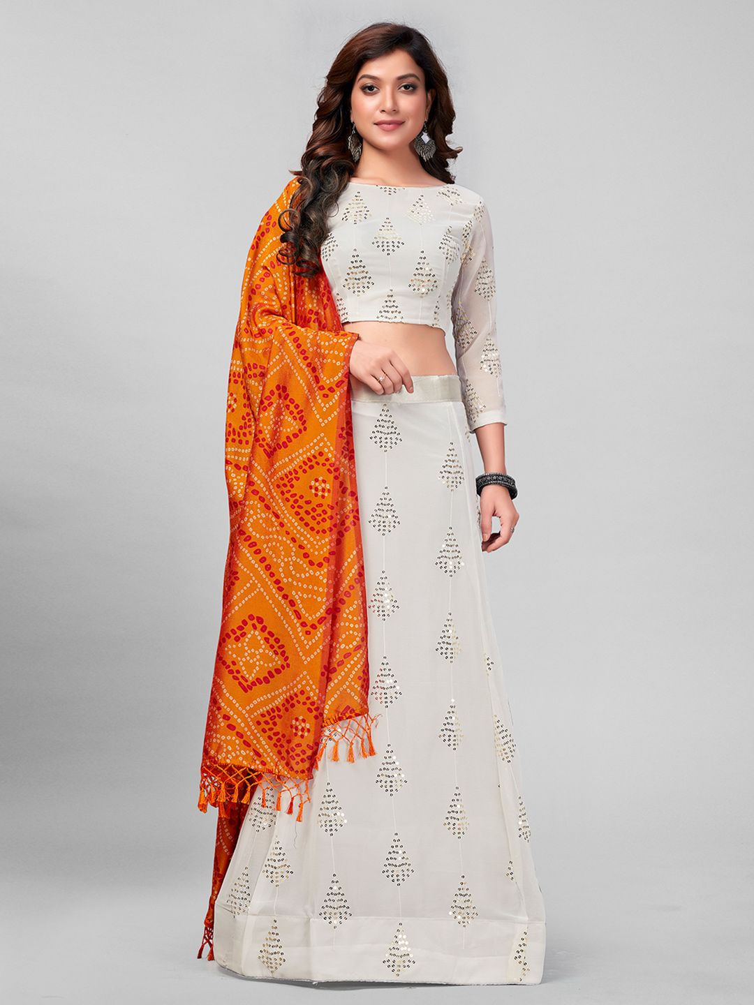 Mitera White & Orange Embroidered Sequinned Semi-Stitched Lehenga & Unstitched Blouse With Dupatta Price in India