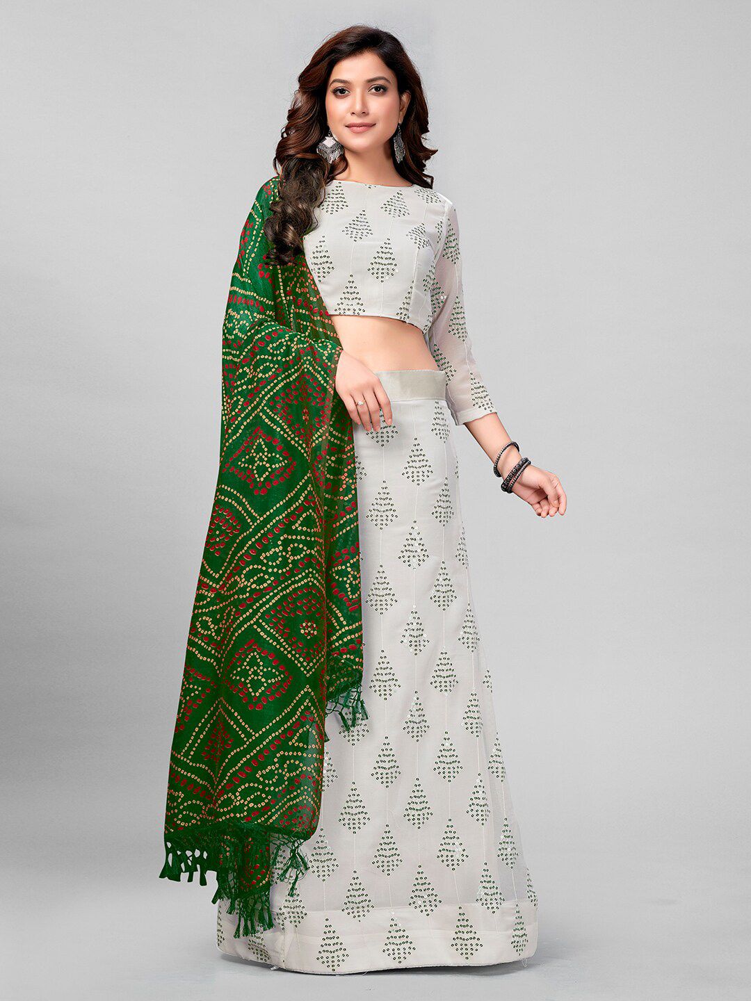 Mitera White & Green Embroidered Sequinned Semi-Stitched Lehenga & Unstitched Blouse With Dupatta Price in India