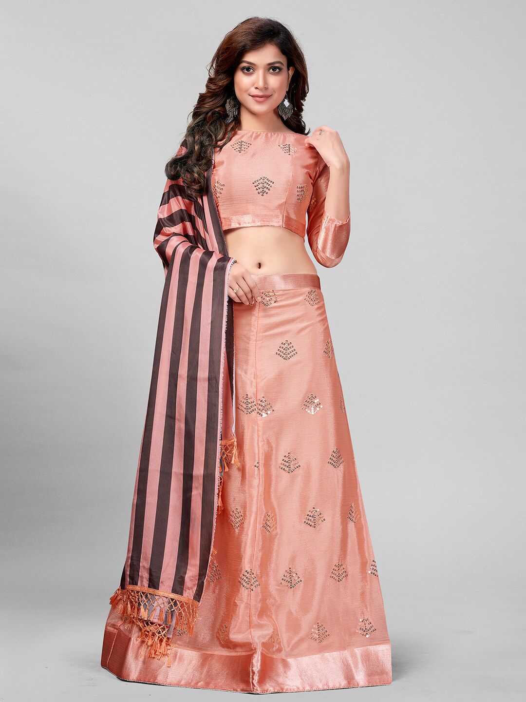 Mitera Peach-Coloured & Silver-Toned Embroidered Sequinned Semi-Stitched Lehenga & Unstitched Blouse With Price in India