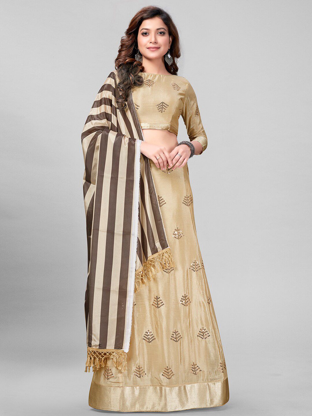 Mitera Beige & Brown Embroidered Sequinned Semi-Stitched Lehenga & Unstitched Blouse With Dupatta Price in India
