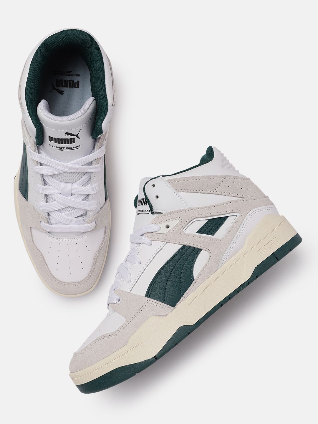 Puma Unisex White & Green Slipstream Heritage Colourblocked Mid-Top Leather Sneakers Price in India