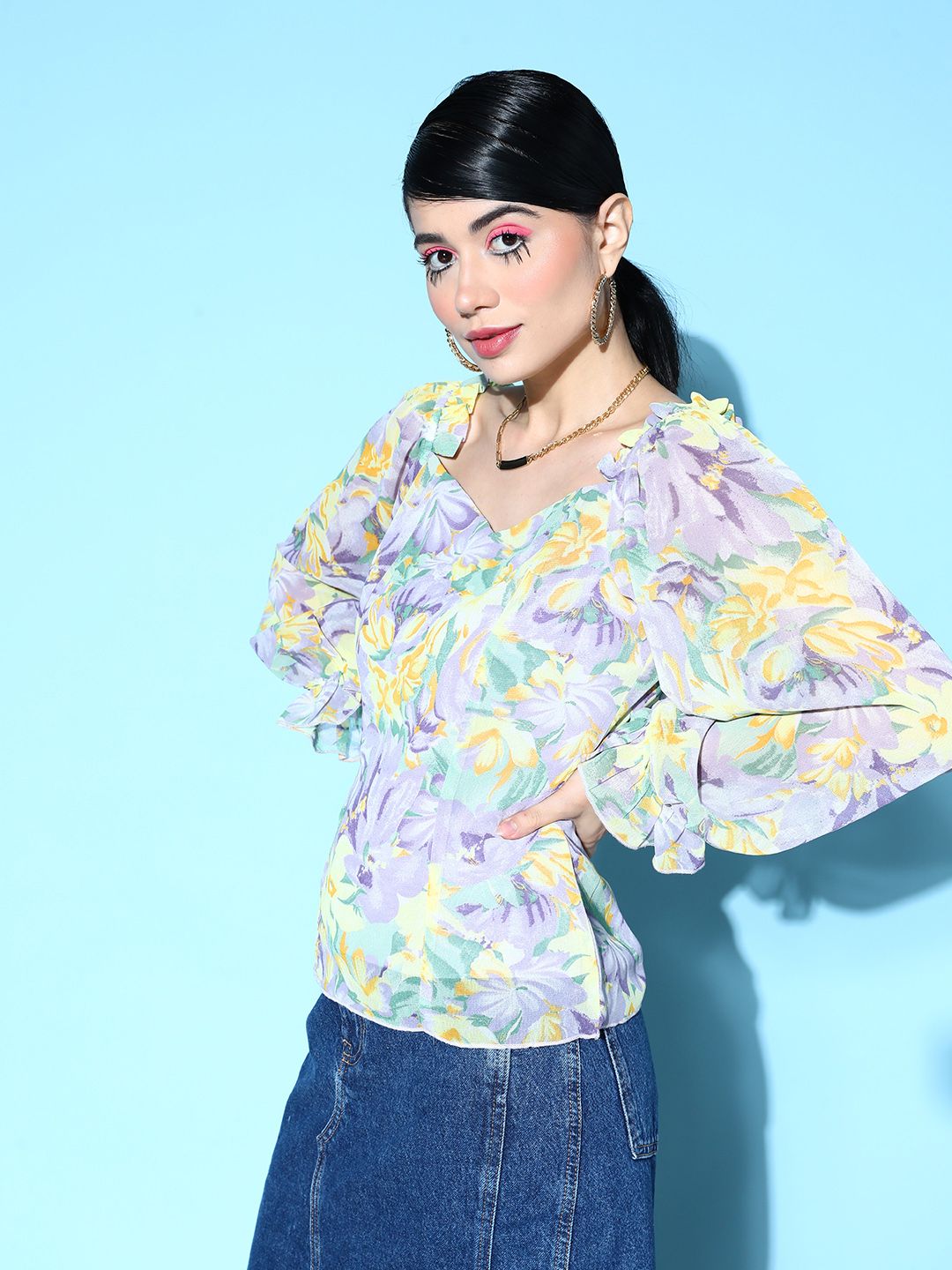 Berrylush Purple & Yellow Floral Print Sweetheart Neck Georgette Top Price in India