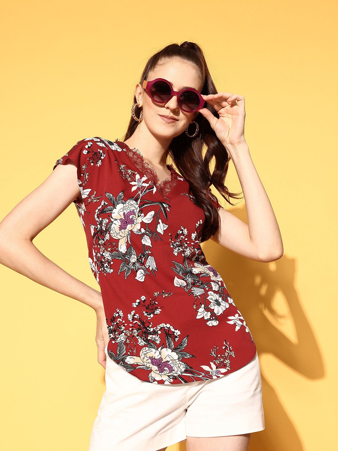 Berrylush Maroon Floral Indie Gal Top Price in India