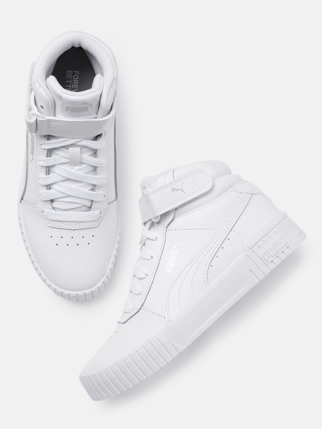 Puma Women White Solid Carina 2.0 Leather Mid-Top Sneakers with Perforation Detail Price in India