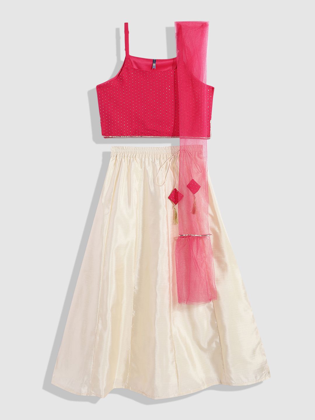 YK Girls Pink & Off White Embellished Ready to Wear Party Lehenga & Blouse With Dupatta