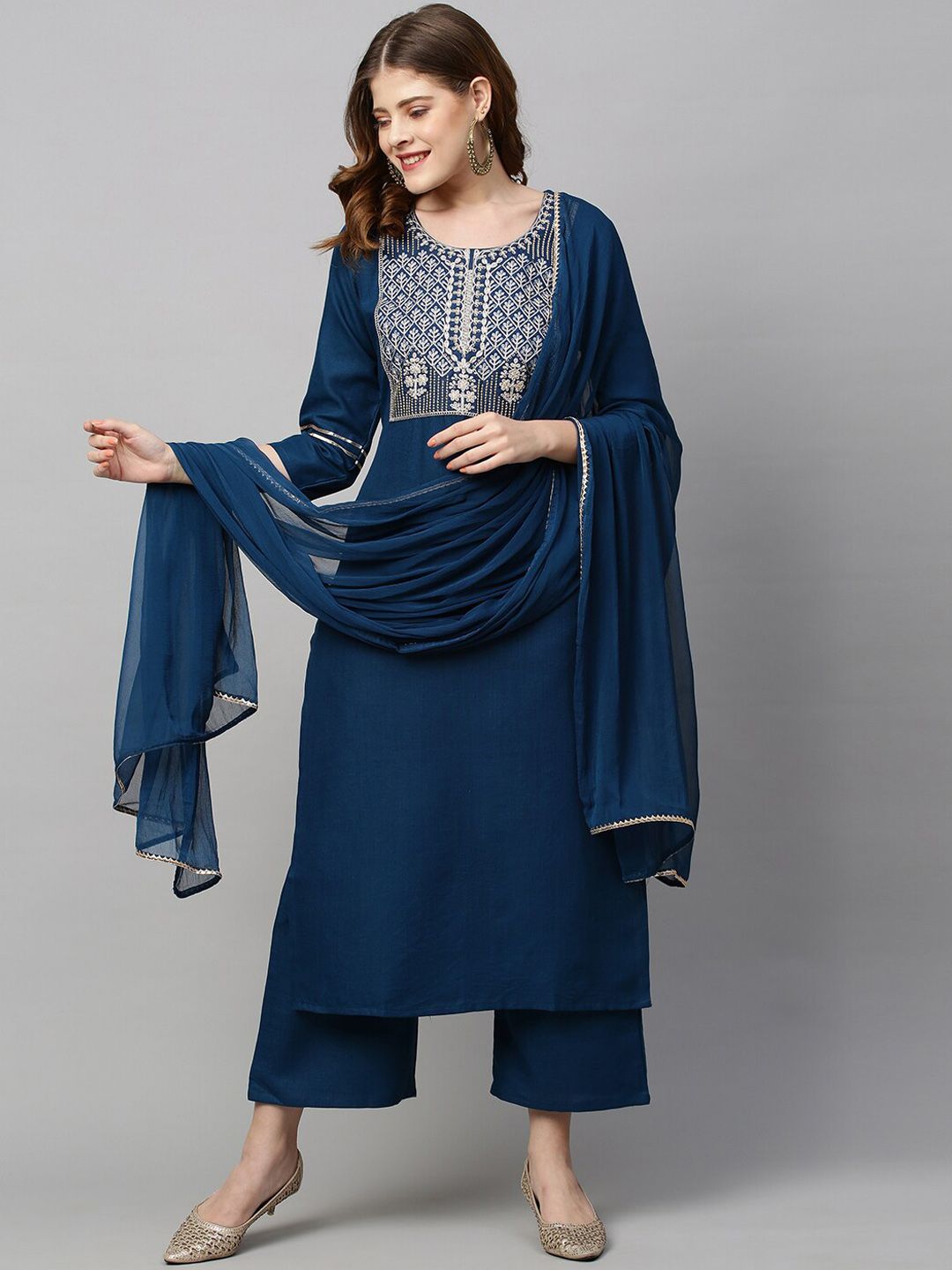 KALINI Women Blue Ethnic Motifs Kurti with Palazzos & With Dupatta Price in India