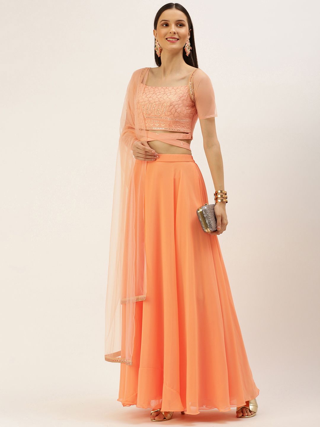 EthnoVogue Peach-Coloured & Orange Embellished Sequinned Ready to Wear Lehenga & Blouse With Dupatta Price in India