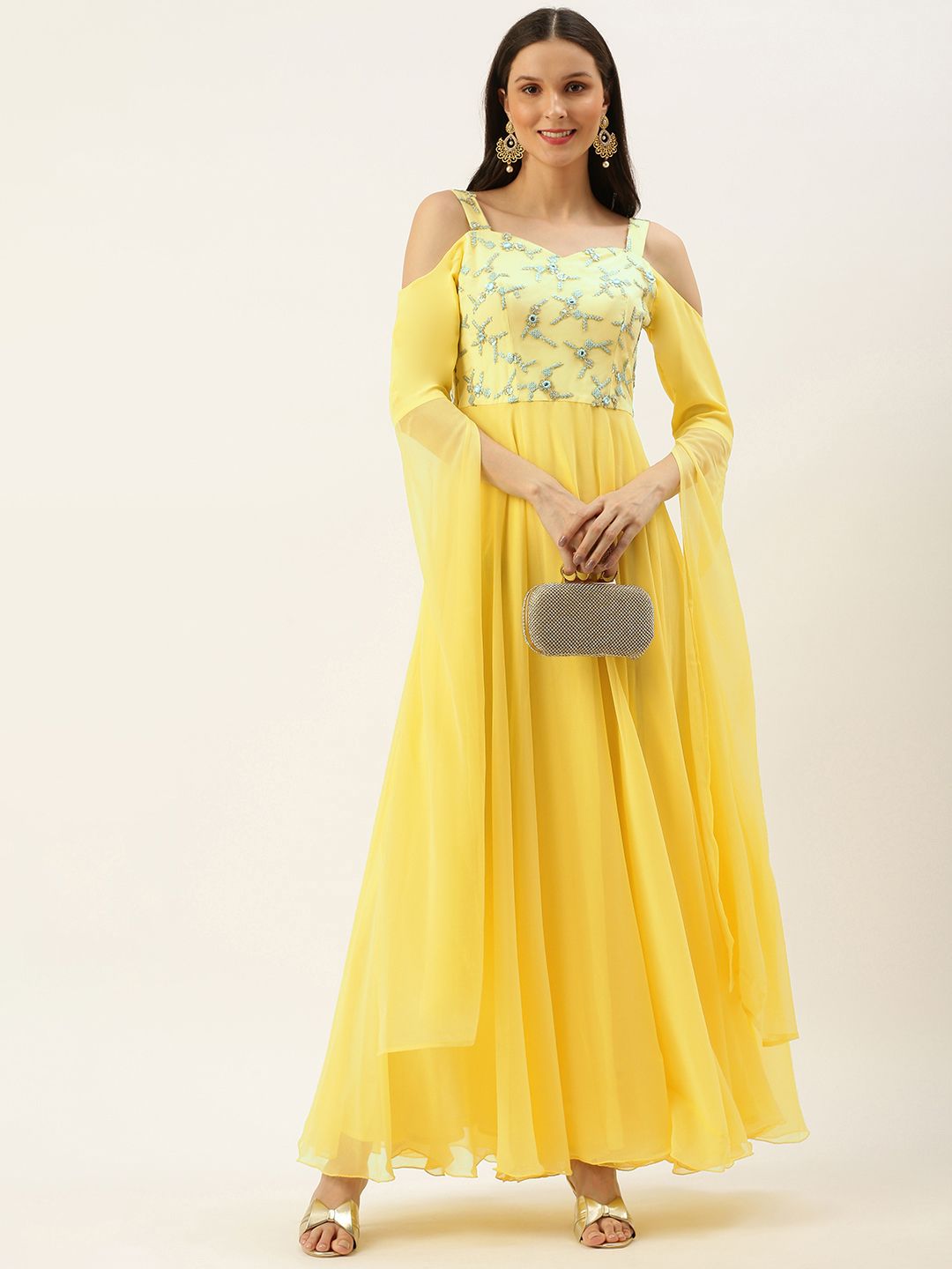 EthnoVogue WomenYellow Made To Measure Cape Style Sleeve Gown Price in India