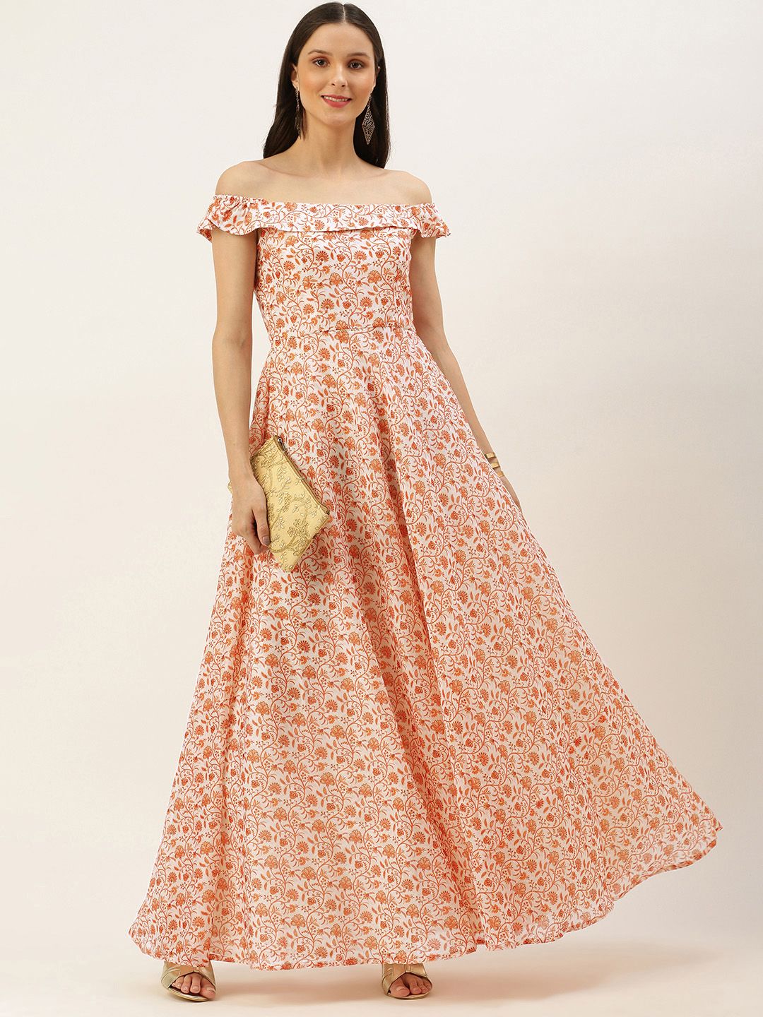 EthnoVogue Women Off-White & Peach-Coloured Made To Measure Printed Dress Price in India