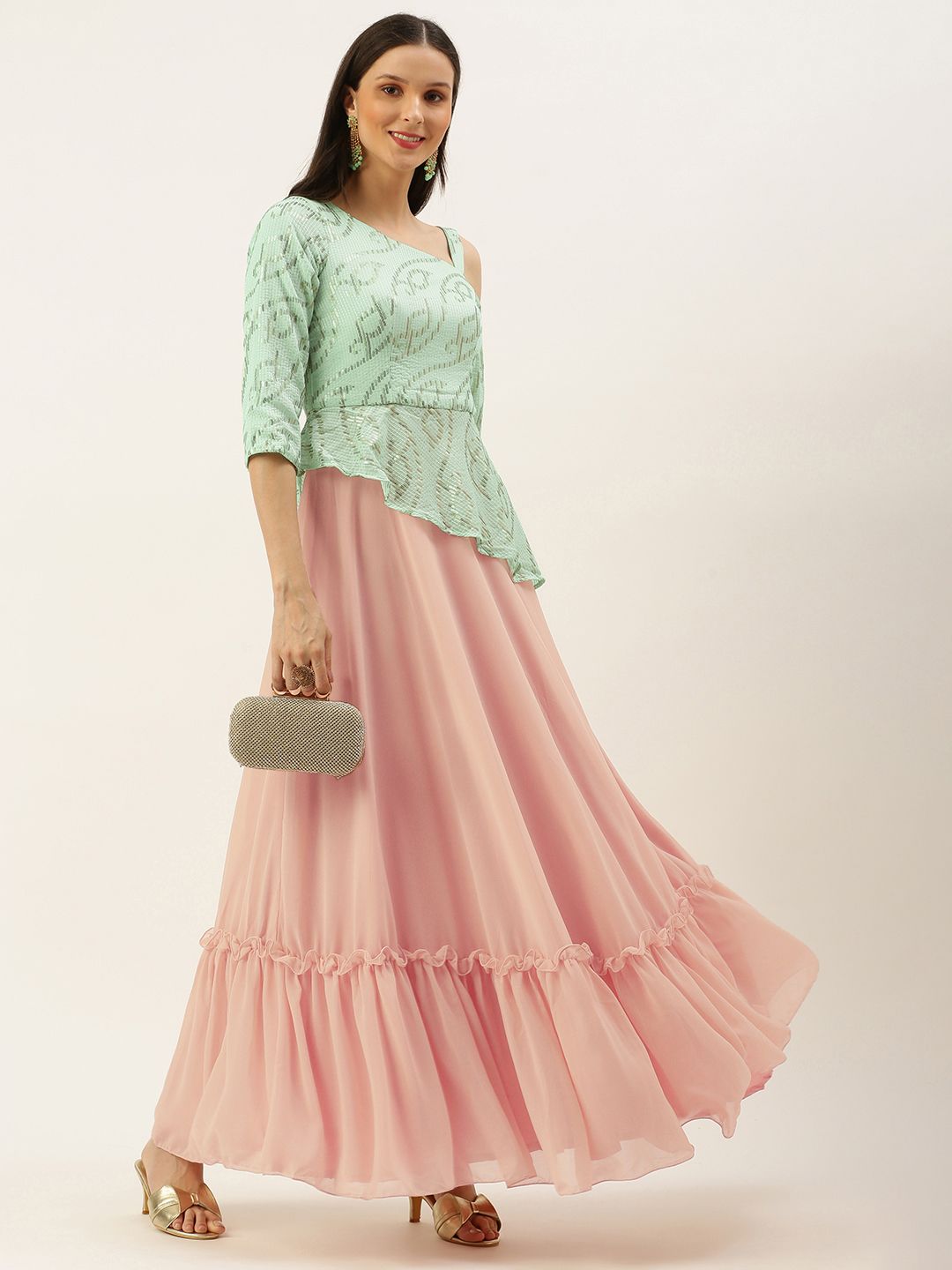 EthnoVogue Women Green & Dusty Pink Made To Measure Embellished Sequin Gown Price in India