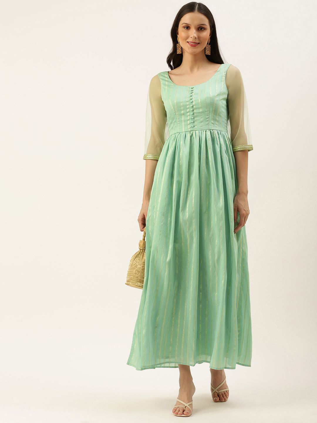 EthnoVogue Women Green & Gold-Toned Striped A-Line Maxi Made To Measure Ethnic Dress Price in India